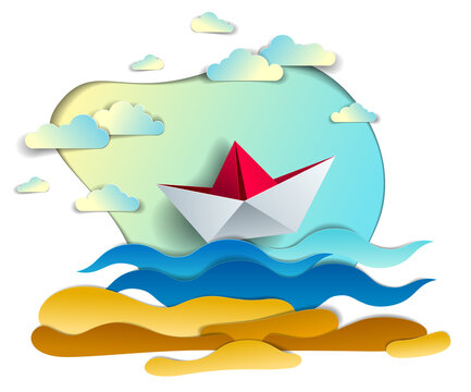 Origami paper ship toy swimming in ocean waves, beautiful vector illustration of scenic seascape with toy boat floating in the sea and clouds in the sky. Water travel, summer holidays.