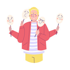 Man with many fake emotions mask concept