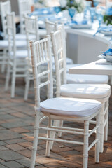 Wedding decor. Elegant table setup in blue pastels.