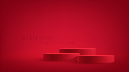 Realistic 3d red product podium on red background. Red product stage for product demonstration. Background for presentation, advertising, banner, poster. Vector illustration