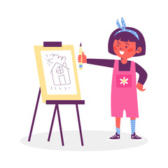 Child painting with brush and colors at easel, vector illustration isolated.