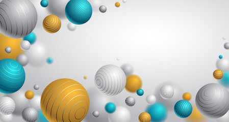 Abstract spheres vector background with blank copy space, composition of flying balls decorated with lines, 3D mixed realistic globes, realistic depth of field effect.