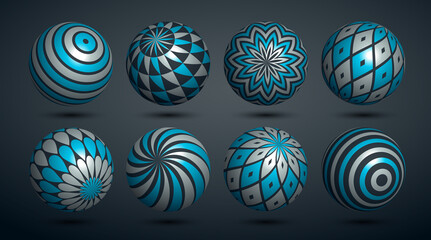Abstract spheres vector set, collection of balls decorated with patterns, 3D mixed variety realistic globes with ornaments collection.