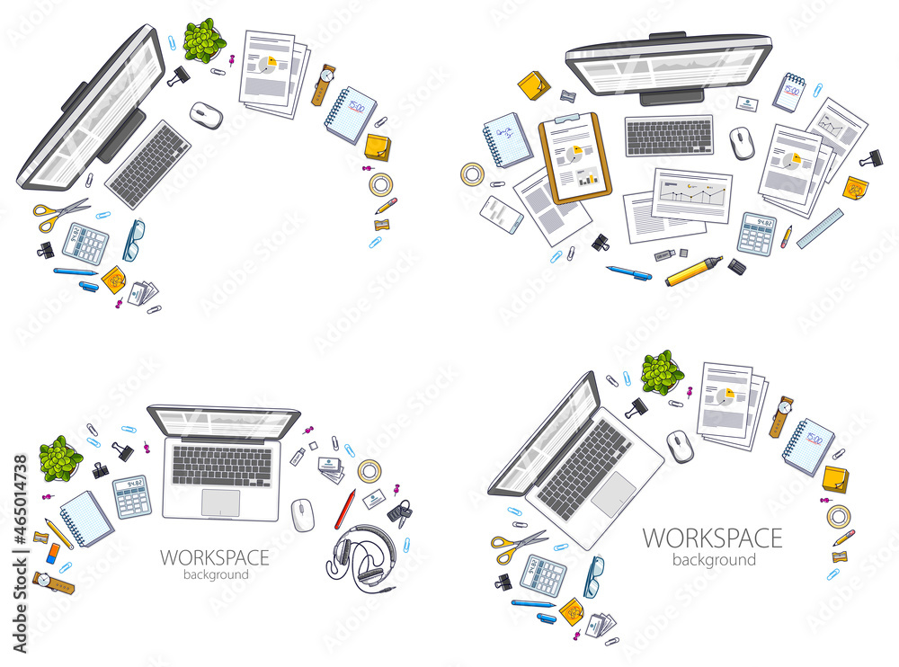 Fototapete Office desks workspaces top view with PC and laptops  and diverse stationery objects for work, overhead look. All elements are easy to use separately or recompose the illustrations. Vector set.