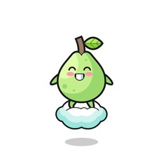 cute guava illustration riding a floating cloud