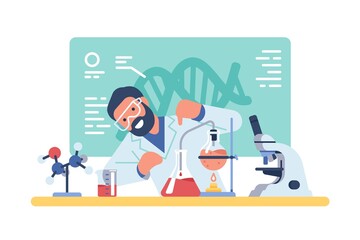 Scientist working. Chemist experience. Vaccine development. Researcher mixes reagents in test tubes. Chemistry or pharmacy lab with burner and microscope. Genetic engineering. Vector concept