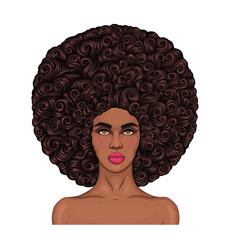 Vector portrait African American woman with magnificent curly afro hairstyle in retro style. Brown wavy haircut. Fashionable model with clean healthy skin. Close-up Attractive girl with bare shoulders