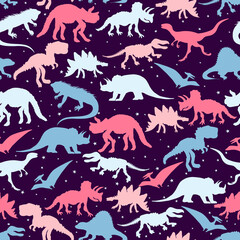 Silhouette of dinosaurs pattern. Vector seamless pattern with dinosaurs and stars.