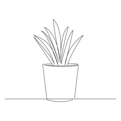 Continuous line drawing of decorative house plant in pot. Single one line art of nature home appliances. Vector illustration