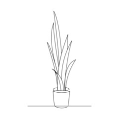 Continuous line drawing of decorative house plant in pot. Single one line art of nature home appliances. Vector illustration