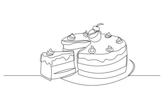recommend clip art: Continuous line drawing of delicious sliced cake or pudding. Single one line art piece of sweet food dessert. Vector illustration