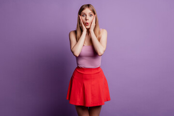 Portrait of funny adorable lady touch cheekbones look camera wear pink top mini skirt on violet background