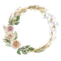 Watercolor wreath with beige roses, greenery, hand-drawn. Delicate set for creating invitations, patterns, fabrics, scrapbooking