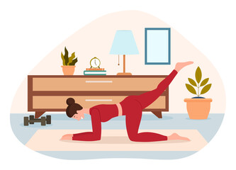 Fototapeta premium Sport woman concept. Woman performs exercises at home. Character does yoga. Healthy lifestyle. Daily activity for beautiful figure. Cartoon flat vector illustration isolated on white background
