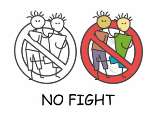 Funny vector two stick men fight in children's style. No fight red prohibition. Stop symbol. Prohibition icon sticker for area places. Isolated on white