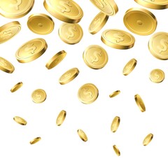 Falling golden coins. Gold money rain, fall from upper border, dollar cash profits, casino prize, realistic metal cents, gambling games success, vector realistic isolated concept