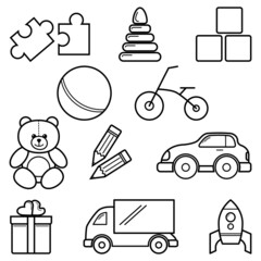 Toy flat icon design for store. Vector lines and modern symbols on a white background.