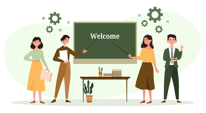 Teachers in the classroom concept. Men and women stand next to board and point to inscription. Welcome to lesson. Teachers at school or university. Smart people. Cartoon flat vector illustration