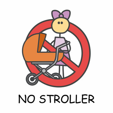 Funny vector stick girl holding a stroller in children's style. No stroller sign red prohibition. Stop symbol. Prohibition icon sticker for area places. Isolated on white