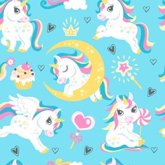 Seamless unicorns pattern. Cute animals background. Fairy tale characters. Funny kids horses with rainbow manes, horns and wings. Cartoon Pegasus play or sleep. Vector girly print template