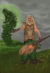 Old forest magician on the mountain with a staff