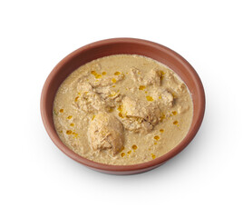 Georgian dish chicken cooked in sauce isolated on white background