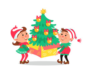 Christmas elves. Cartoon dwarfs carrying present box and Xmas tree. Santa Claus assistants. Boy and girl with winter holiday gifts. New Year celebration. Vector gnomes in green costumes