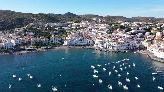 View from drone of Spanish town of Cadaques on bay in Cap de Creus peninsula on Costa Brava