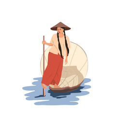 Vietnamese female fisherman in a boat fishing.Vector illustration in a flat style.