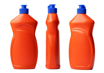 Orange plastic bottle of liquid detergent isolated on white