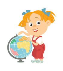 School kids. Back to school, happy girl hold globe, geography lesson, little pupil with student educational supplies, little funny character, travel concept, vector cartoon illustration