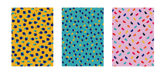 Pack de tres patrones geométricos para fondos de diseño o estampados, vectores abstractos coloridos