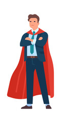 Super businessman character. Men strong hero standing in costume, business people mascot, male leader in fluttering cape. Success work and leadership, vector cartoon isolated illustration