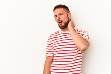 Young caucasian man with diastema isolated on white background suffering neck pain due to sedentary lifestyle.