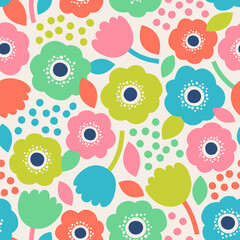 Colorful cute hand drawn floral seamless pattern background.