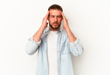 Young caucasian man with diastema isolated on white background having a head ache, touching front of the face.