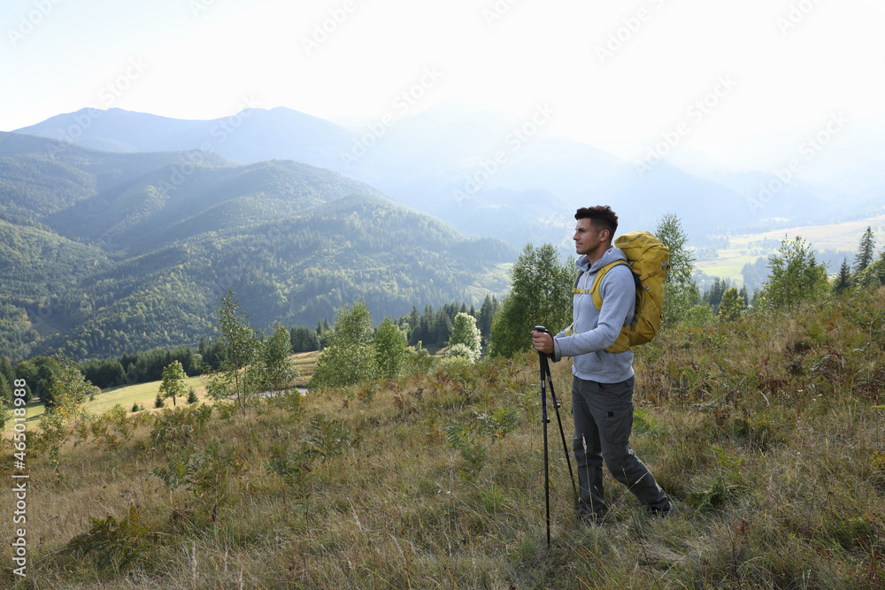 Canvas Prints tourist with backpack and trekking poles hiking through mountains, space for text