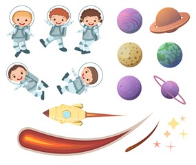 Set of space objects. Planets and astronauts children. Isolated on white background. Cartoon style. Flat design. Vector