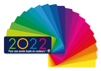 Carte de voeux 2022 décorative, aux couleurs vives, présentant le concept de la diversité et du choix, avec comme symbole un nuancier multicolore. - obrazy, fototapety, plakaty
