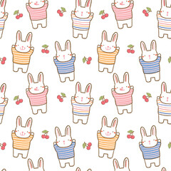 Seamless Pattern with Cartoon Rabbit and Cherry Design on White Background