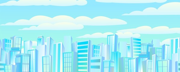 Big city from afar. Skyscrapers and large buildings. Cartoon flat style illustration. Blue city landscape Cityscape. Horizontal composition. Vector.
