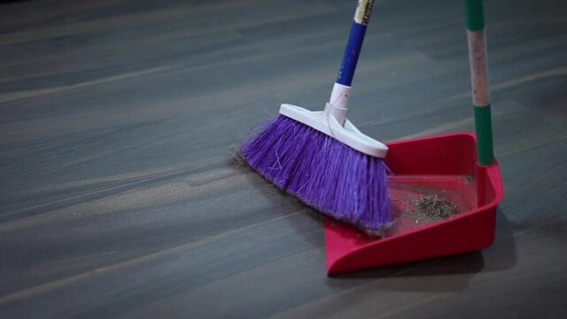 sweeping the house with broom and dustpan collecting dust from the house