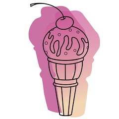 Vector drawing, fruit ice cream with cherry in a waffle cone with colored spots