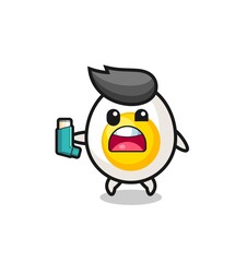 boiled egg mascot having asthma while holding the inhaler