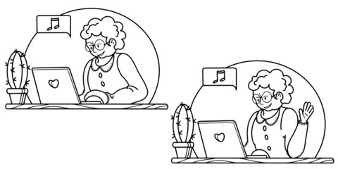 Set of Vector illustration. A happy grandmother is sitting at home at the computer, grandmother communicates with relatives