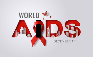 Design for World AIDS Day banner, the red ribbon is a sign of unity among HIV-positive people, paper illustration, and 3d paper.