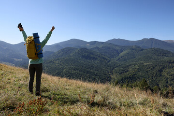 Happy tourist with backpack and binoculars in mountains on sunny day, back view