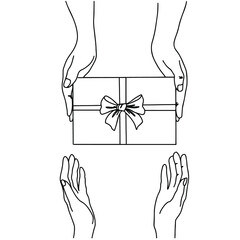 Present box with hands line vector illustration. Wrapped surprise package with ribbon and bow.
