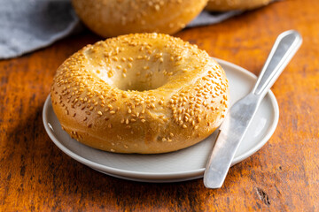 Baked bagel with sesame seeds.