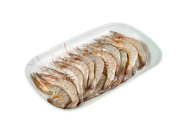 raw prawn on dish over white background